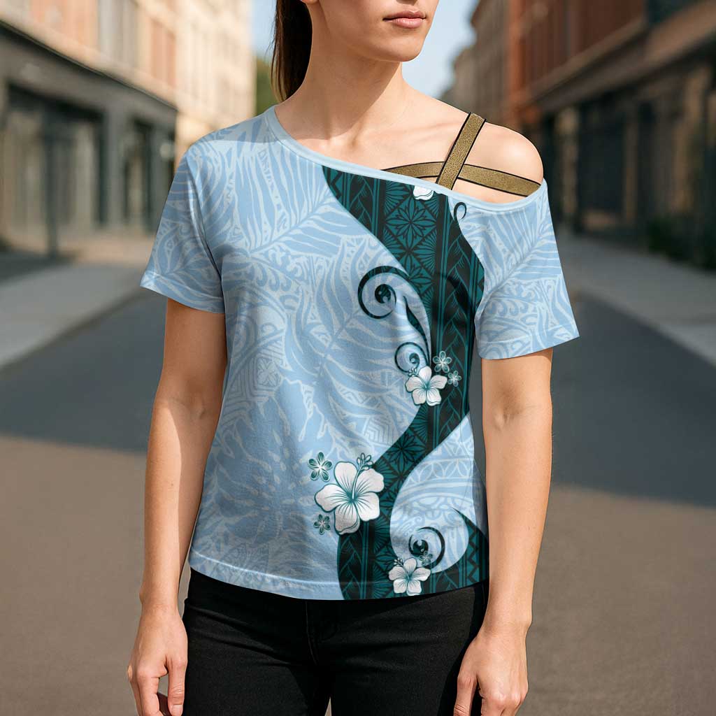 Polynesia Hibiscus Cross Shoulder Shirt Sky Blue Curve Motif LT05 - Polynesian Pride