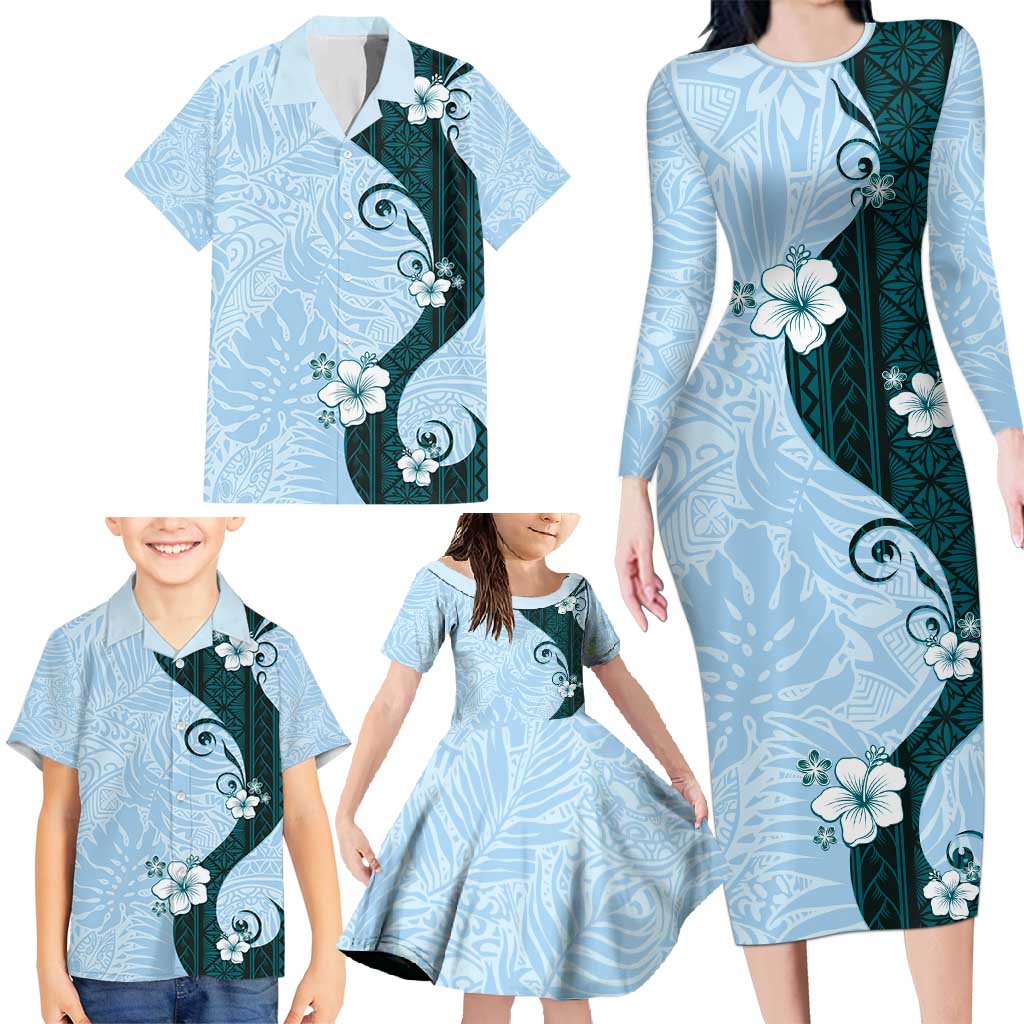 Polynesia Hibiscus Family Matching Long Sleeve Bodycon Dress and Hawaiian Shirt Sky Blue Curve Motif - Polynesian Pride