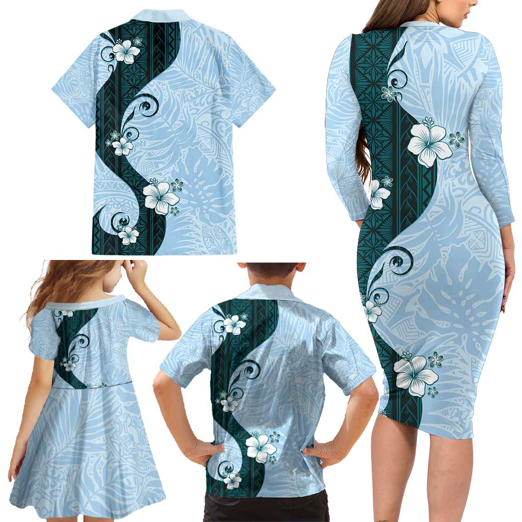 Polynesia Hibiscus Family Matching Long Sleeve Bodycon Dress and Hawaiian Shirt Sky Blue Curve Motif - Polynesian Pride