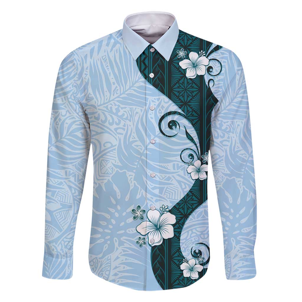 Polynesia Hibiscus Family Matching Long Sleeve Bodycon Dress and Hawaiian Shirt Sky Blue Curve Motif - Polynesian Pride