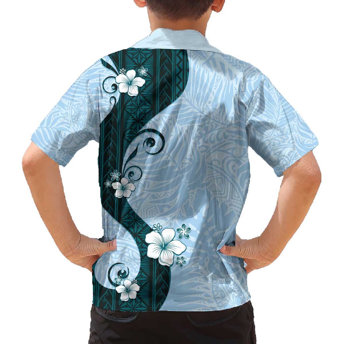 Polynesia Hibiscus Family Matching Off The Shoulder Long Sleeve Dress and Hawaiian Shirt Sky Blue Curve Motif - Polynesian Pride