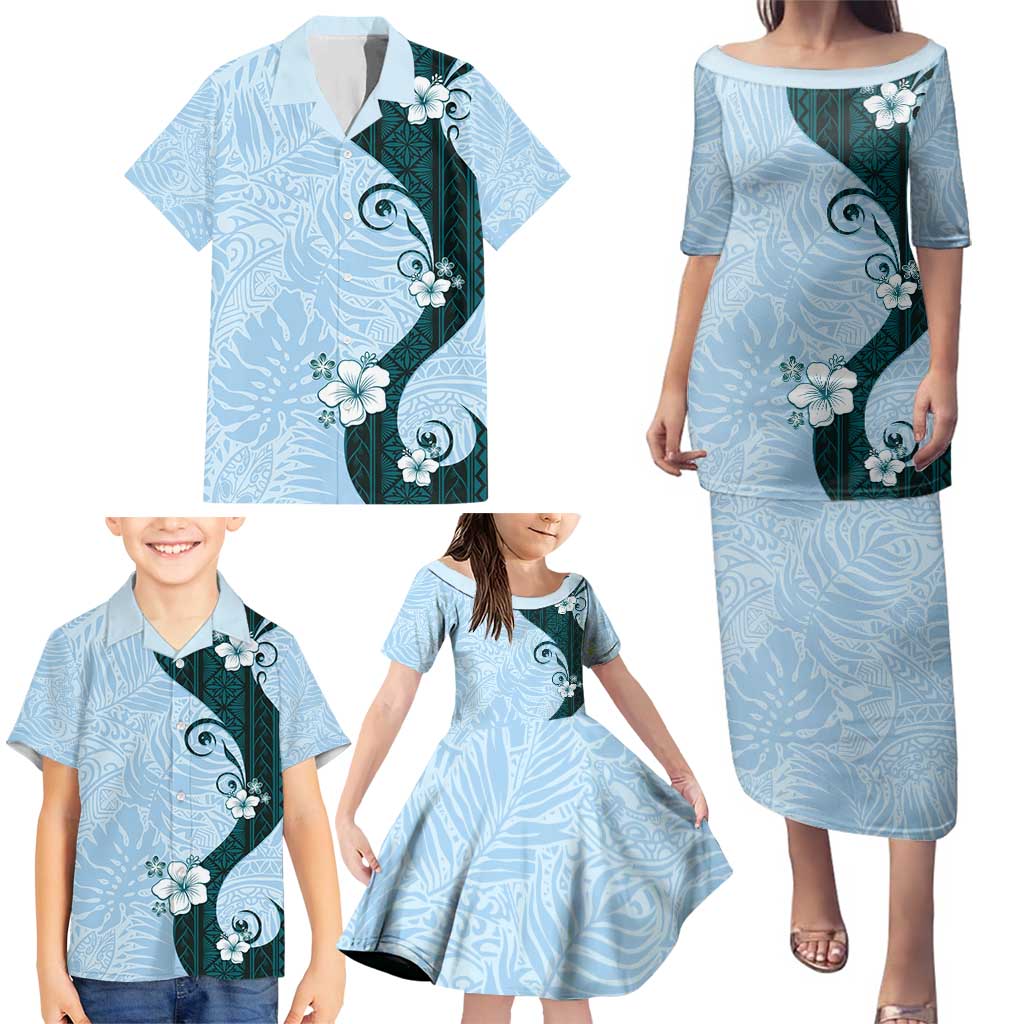 Polynesia Hibiscus Family Matching Puletasi and Hawaiian Shirt Sky Blue Curve Motif - Polynesian Pride
