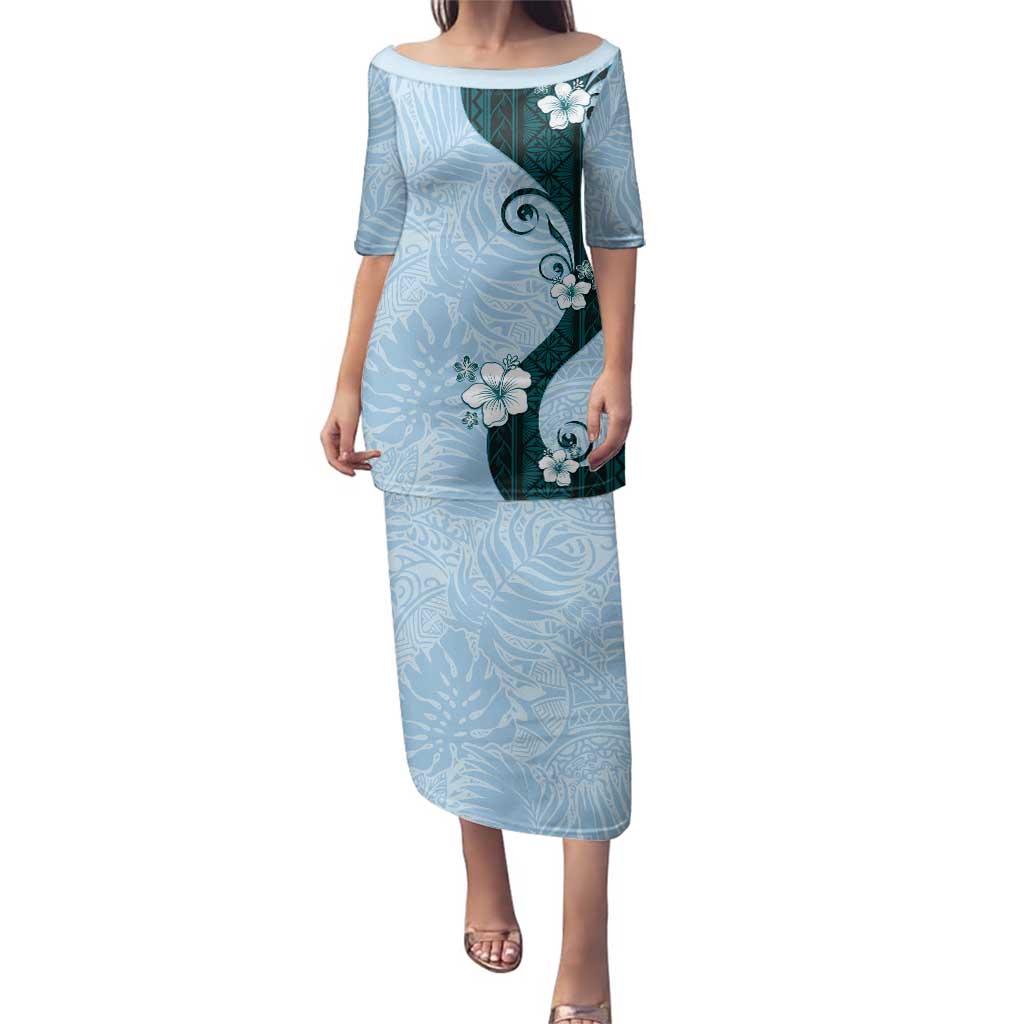 Polynesia Hibiscus Family Matching Puletasi and Hawaiian Shirt Sky Blue Curve Motif - Polynesian Pride