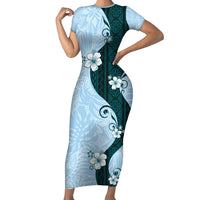 Polynesia Hibiscus Family Matching Short Sleeve Bodycon Dress and Hawaiian Shirt Sky Blue Curve Motif - Polynesian Pride