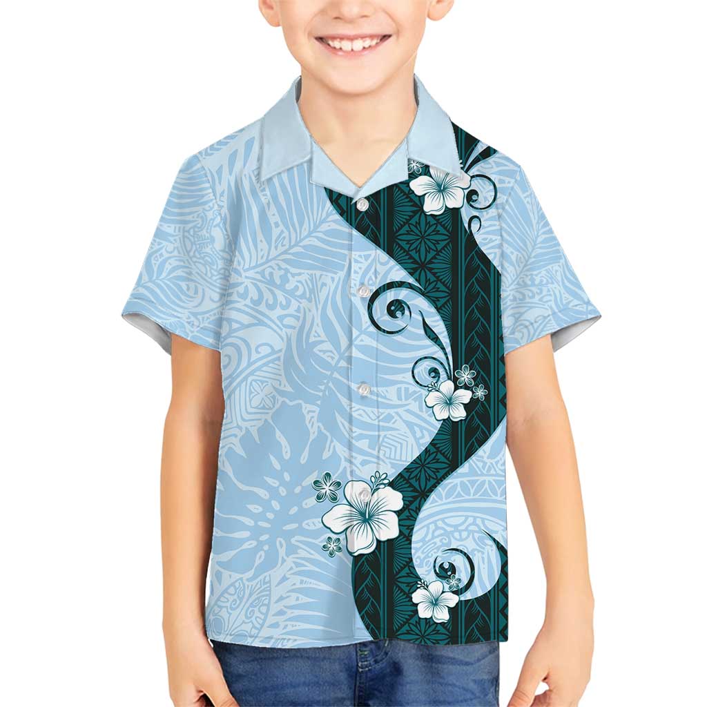 Polynesia Hibiscus Family Matching Tank Maxi Dress and Hawaiian Shirt Sky Blue Curve Motif - Polynesian Pride