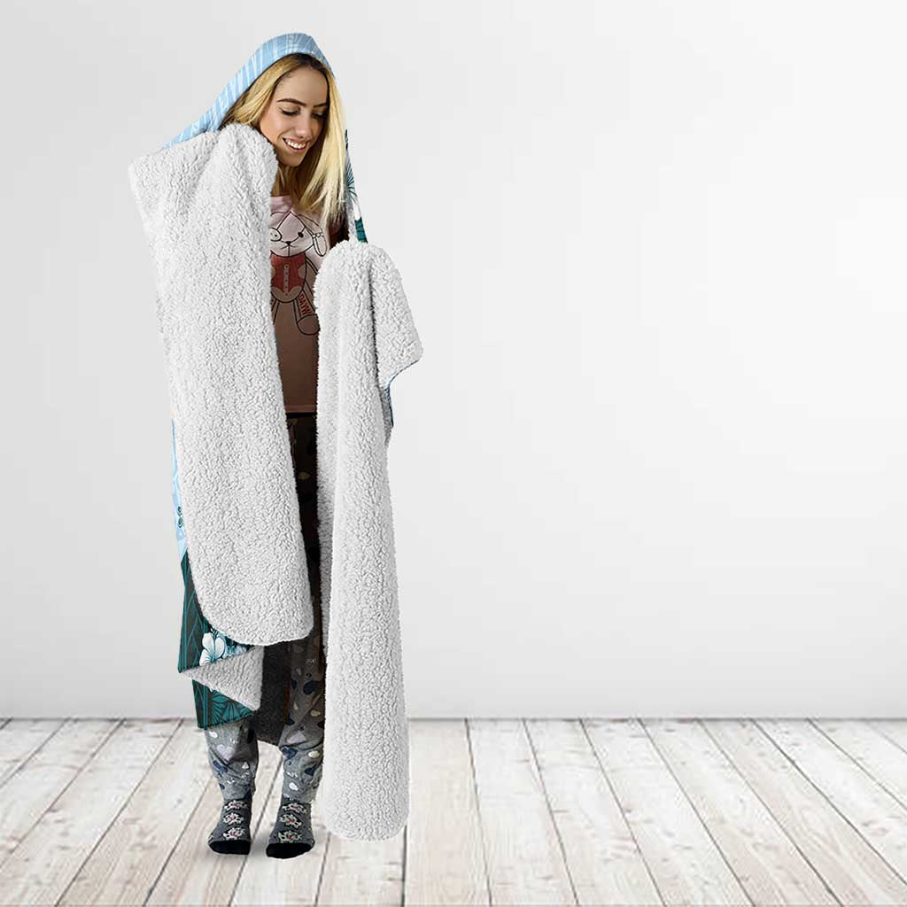 Polynesia Hibiscus Hooded Blanket Sky Blue Curve Motif - Polynesian Pride