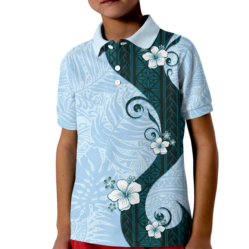 Polynesia Hibiscus Kid Polo Shirt Sky Blue Curve Motif - Polynesian Pride
