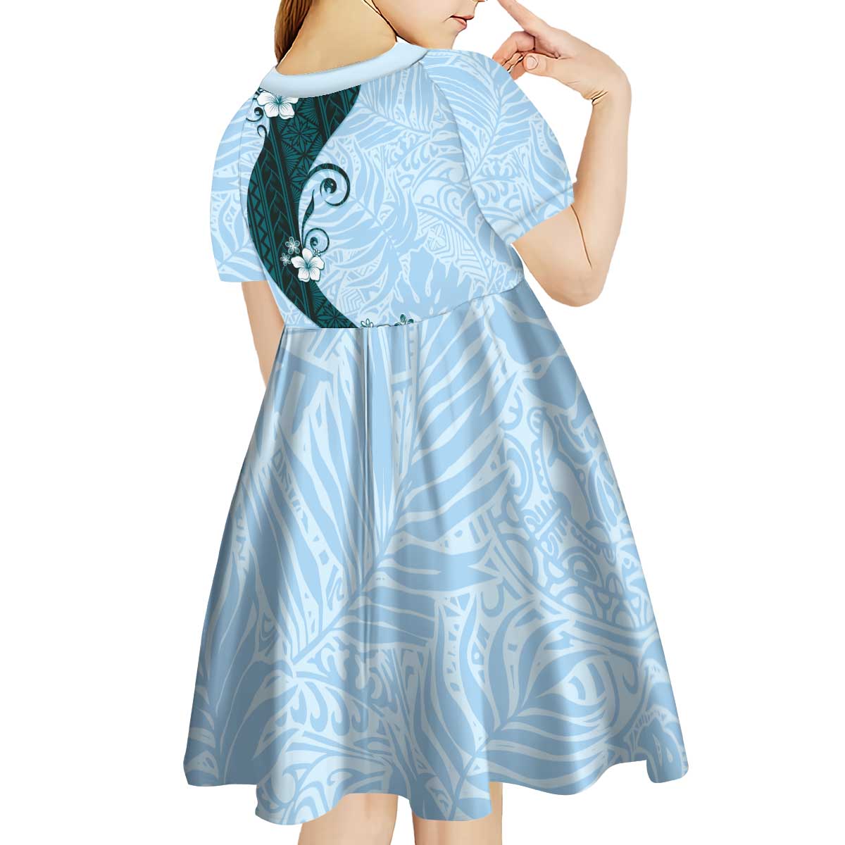 Polynesia Hibiscus Kid Short Sleeve Dress Sky Blue Curve Motif - Polynesian Pride
