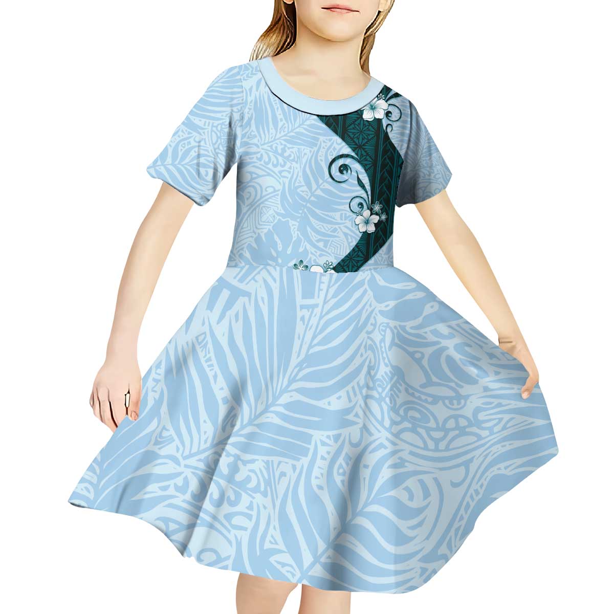 Polynesia Hibiscus Kid Short Sleeve Dress Sky Blue Curve Motif - Polynesian Pride
