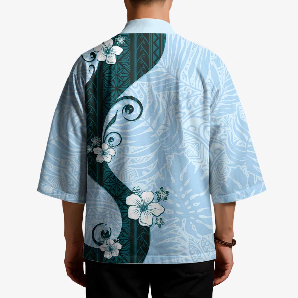 Polynesia Hibiscus Kimono Sky Blue Curve Motif - Polynesian Pride