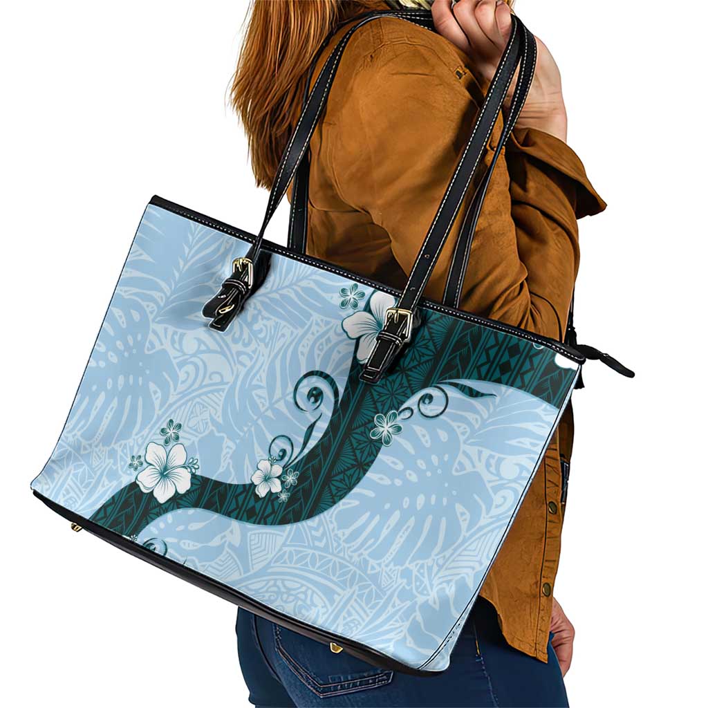 Polynesia Hibiscus Leather Tote Bag Sky Blue Curve Motif - Polynesian Pride