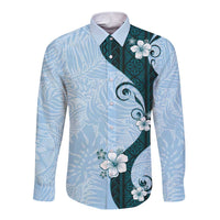 Polynesia Hibiscus Long Sleeve Button Shirt Sky Blue Curve Motif LT05 Unisex Blue - Polynesian Pride