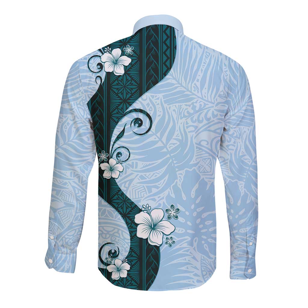Polynesia Hibiscus Long Sleeve Button Shirt Sky Blue Curve Motif LT05 - Polynesian Pride