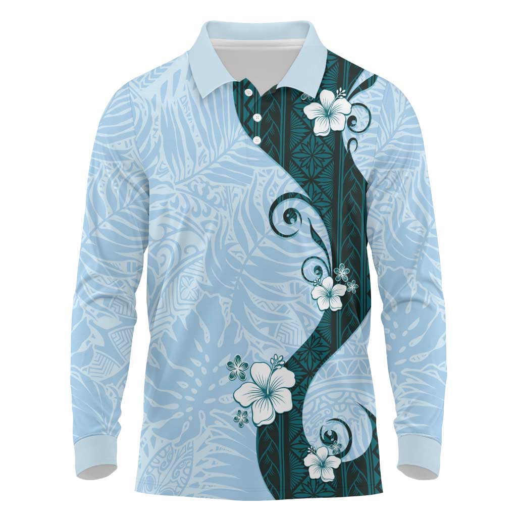 Polynesia Hibiscus Long Sleeve Polo Shirt Sky Blue Curve Motif LT05 Blue - Polynesian Pride