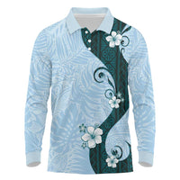 Polynesia Hibiscus Long Sleeve Polo Shirt Sky Blue Curve Motif LT05 Blue - Polynesian Pride