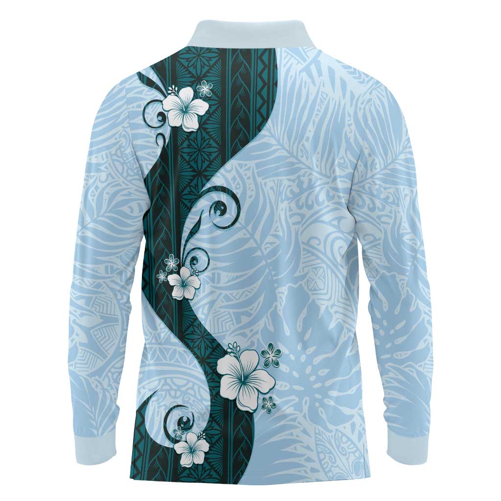 Polynesia Hibiscus Long Sleeve Polo Shirt Sky Blue Curve Motif LT05 - Polynesian Pride