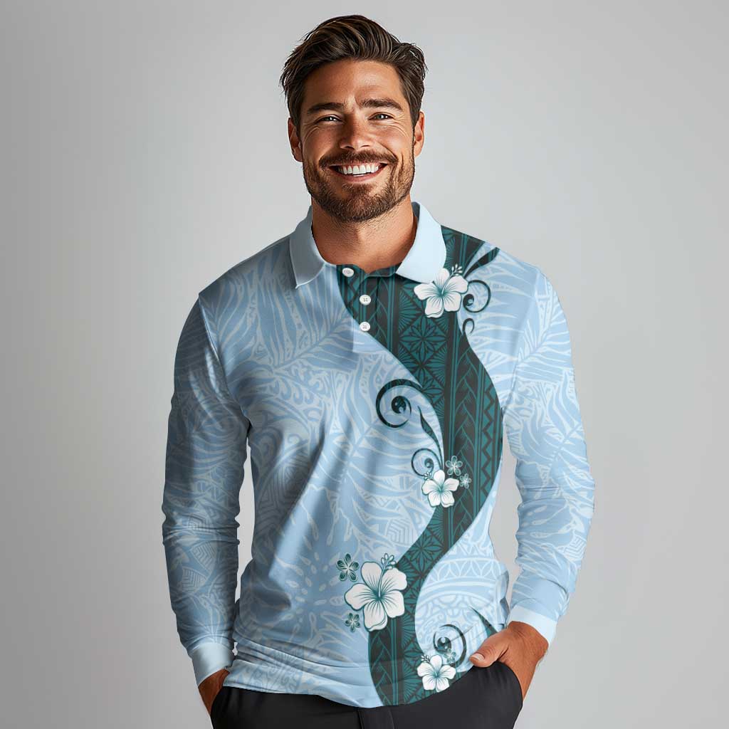 Polynesia Hibiscus Long Sleeve Polo Shirt Sky Blue Curve Motif LT05 - Polynesian Pride