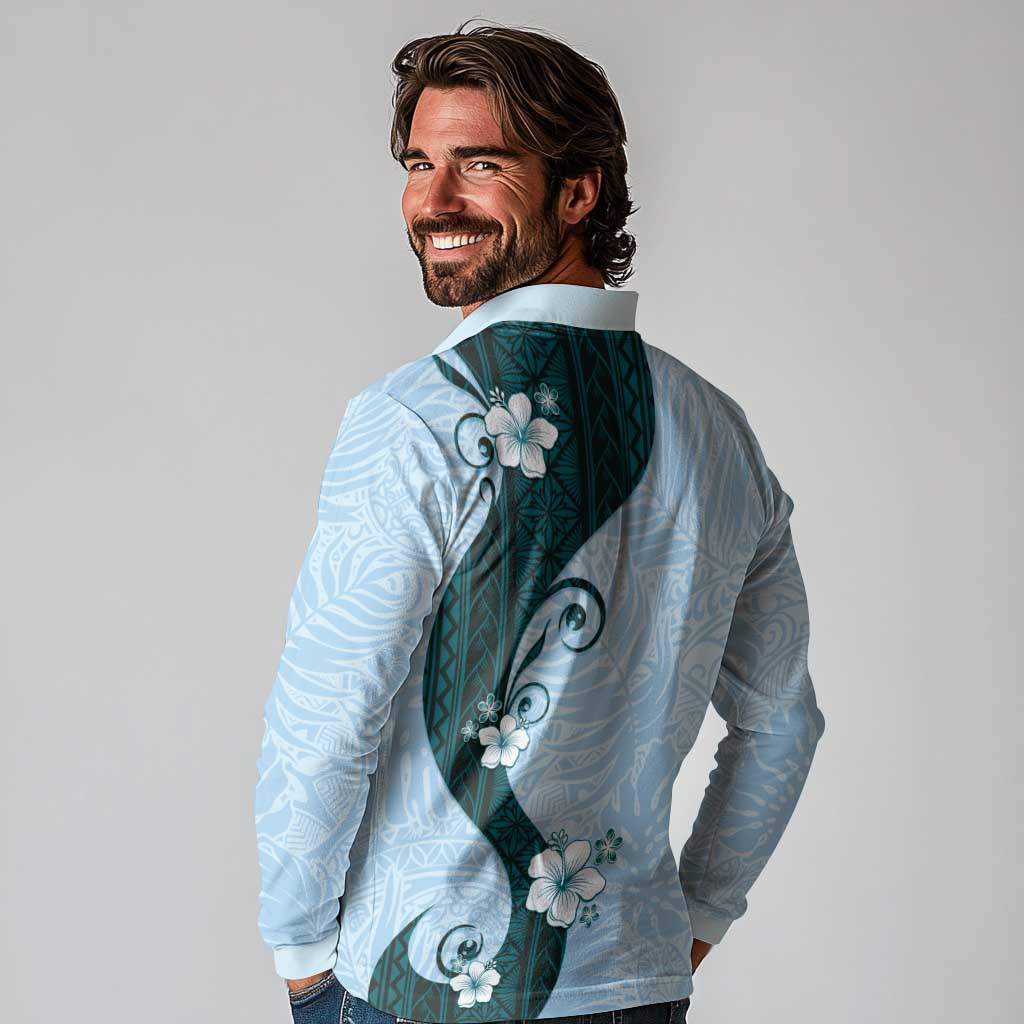 Polynesia Hibiscus Long Sleeve Polo Shirt Sky Blue Curve Motif LT05 - Polynesian Pride