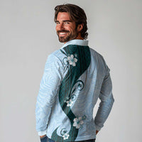 Polynesia Hibiscus Long Sleeve Polo Shirt Sky Blue Curve Motif LT05 - Polynesian Pride