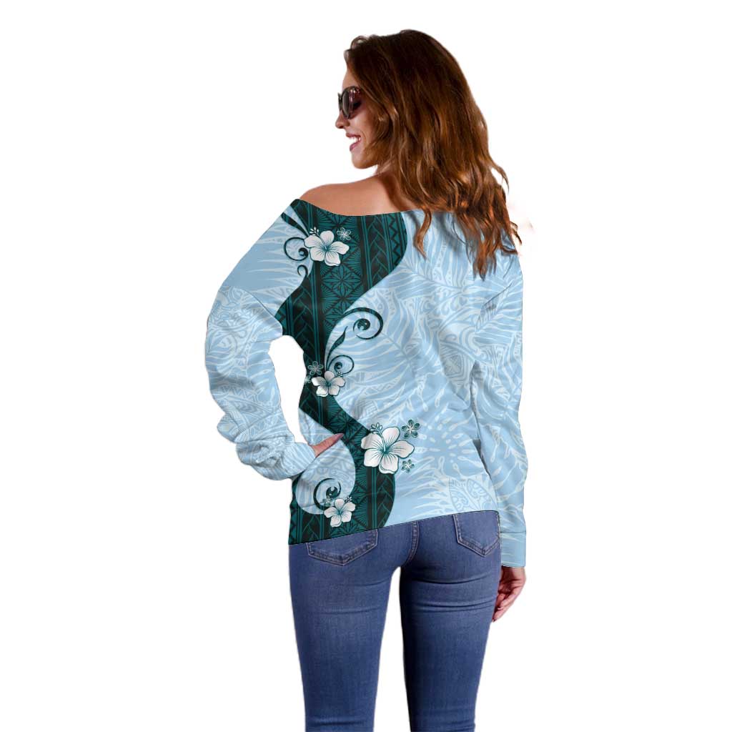 Polynesia Hibiscus Off Shoulder Sweater Sky Blue Curve Motif - Polynesian Pride