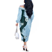 Polynesia Hibiscus Off The Shoulder Long Sleeve Dress Sky Blue Curve Motif - Polynesian Pride