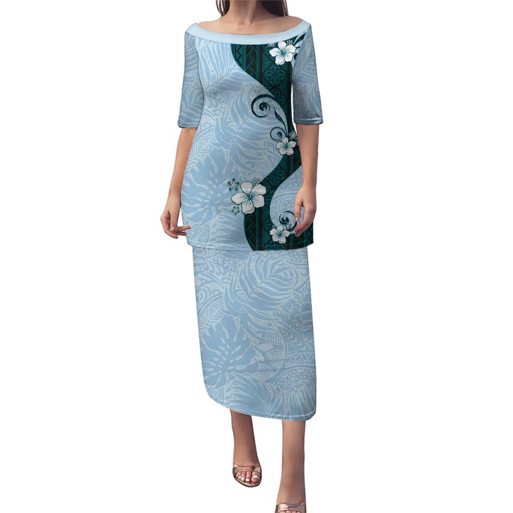 Polynesia Hibiscus Puletasi Sky Blue Curve Motif - Polynesian Pride