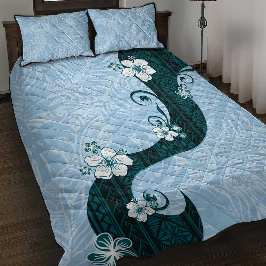 Polynesia Hibiscus Quilt Bed Set Sky Blue Curve Motif - Polynesian Pride