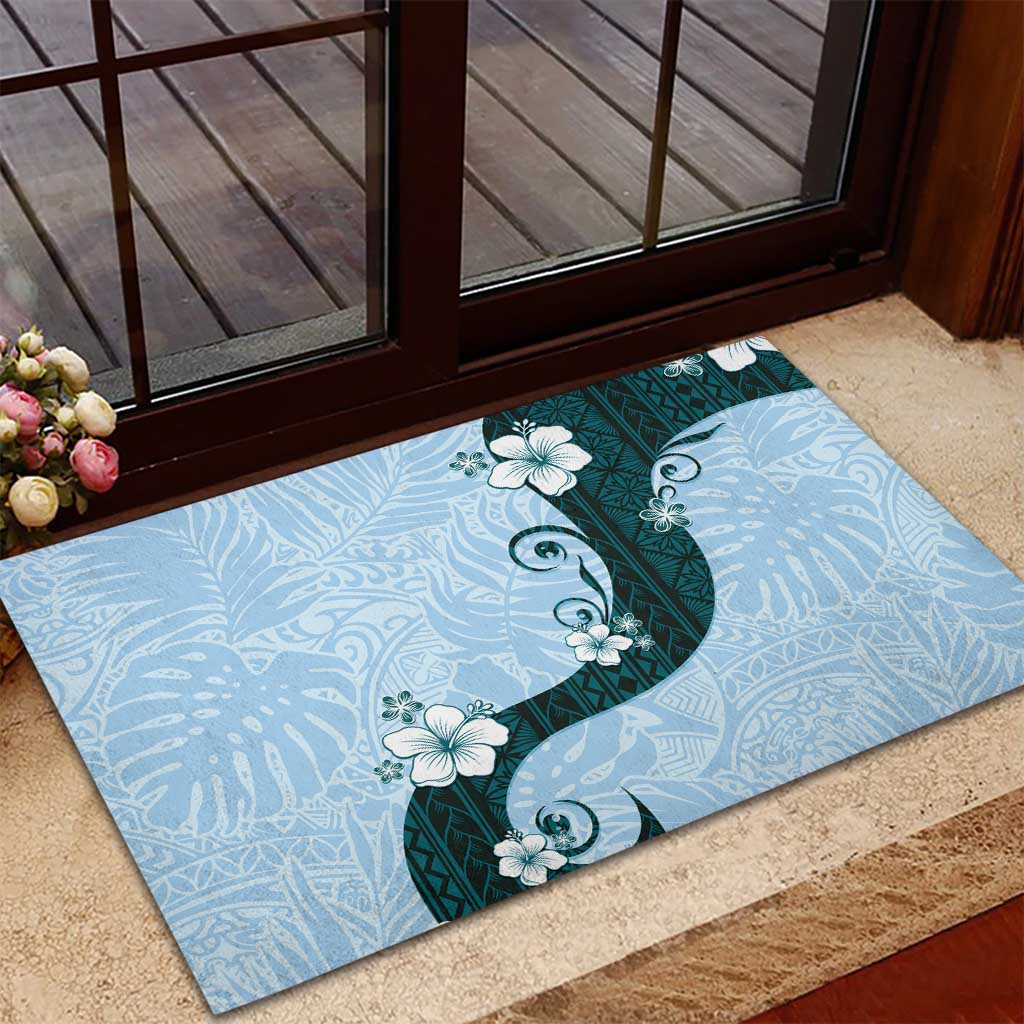 Polynesia Hibiscus Rubber Doormat Sky Blue Curve Motif LT05 - Polynesian Pride