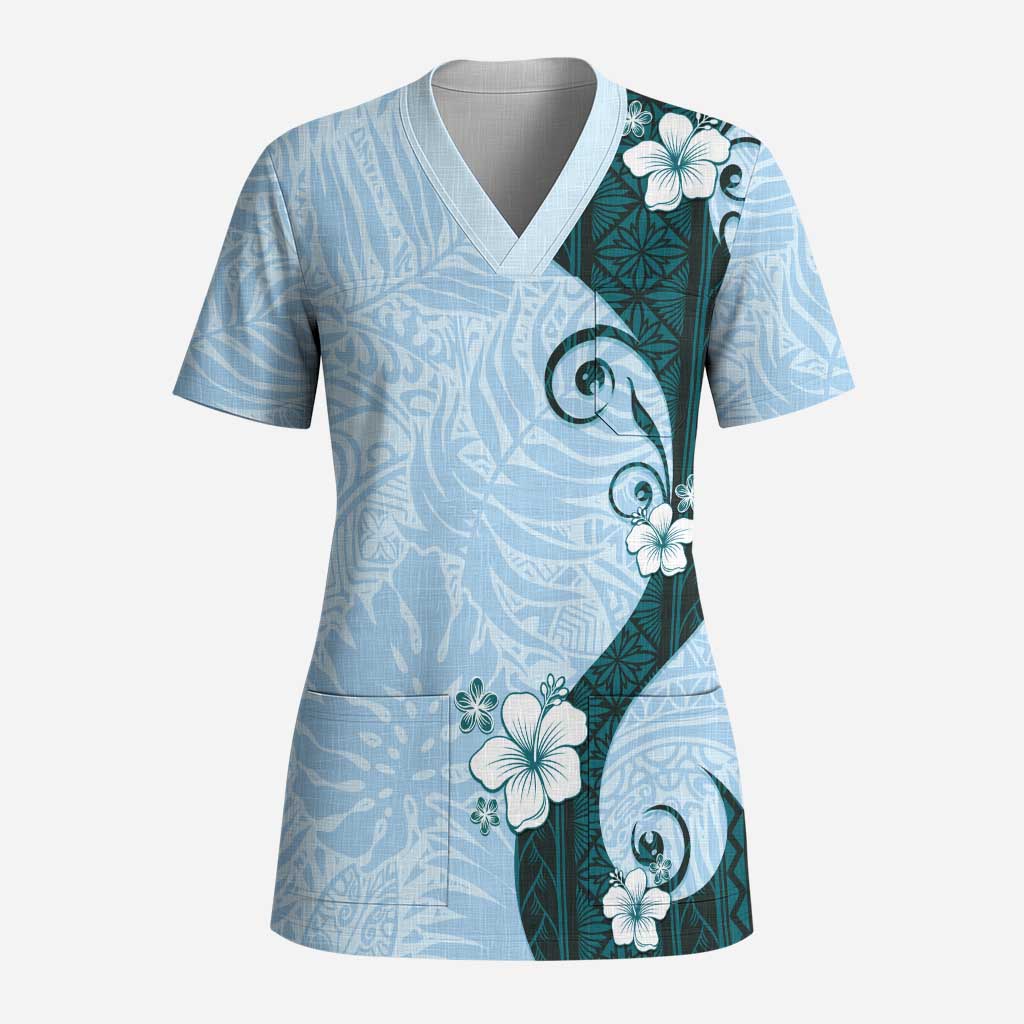 Polynesia Hibiscus Scrub Top Sky Blue Curve Motif LT05 Adult Blue - Polynesian Pride