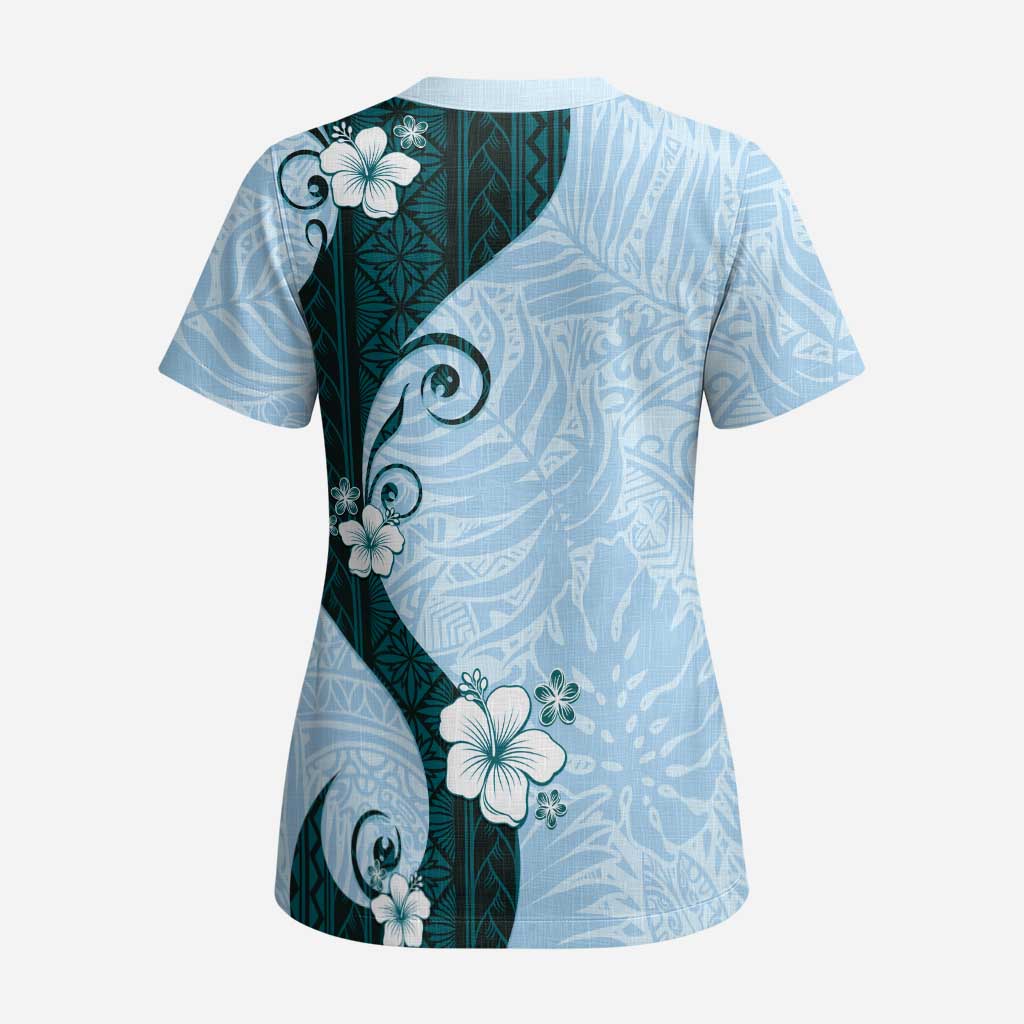 Polynesia Hibiscus Scrub Top Sky Blue Curve Motif LT05 - Polynesian Pride