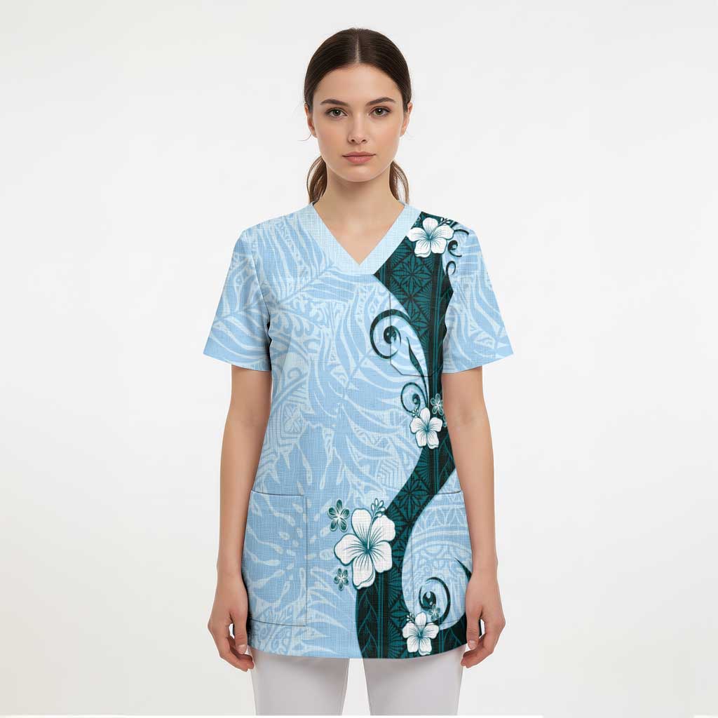 Polynesia Hibiscus Scrub Top Sky Blue Curve Motif LT05 - Polynesian Pride