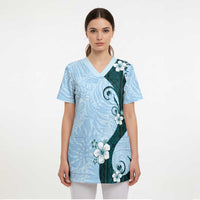 Polynesia Hibiscus Scrub Top Sky Blue Curve Motif LT05 - Polynesian Pride
