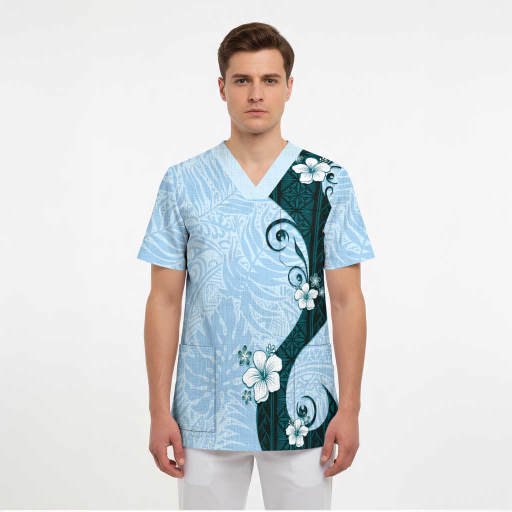 Polynesia Hibiscus Scrub Top Sky Blue Curve Motif LT05 - Polynesian Pride