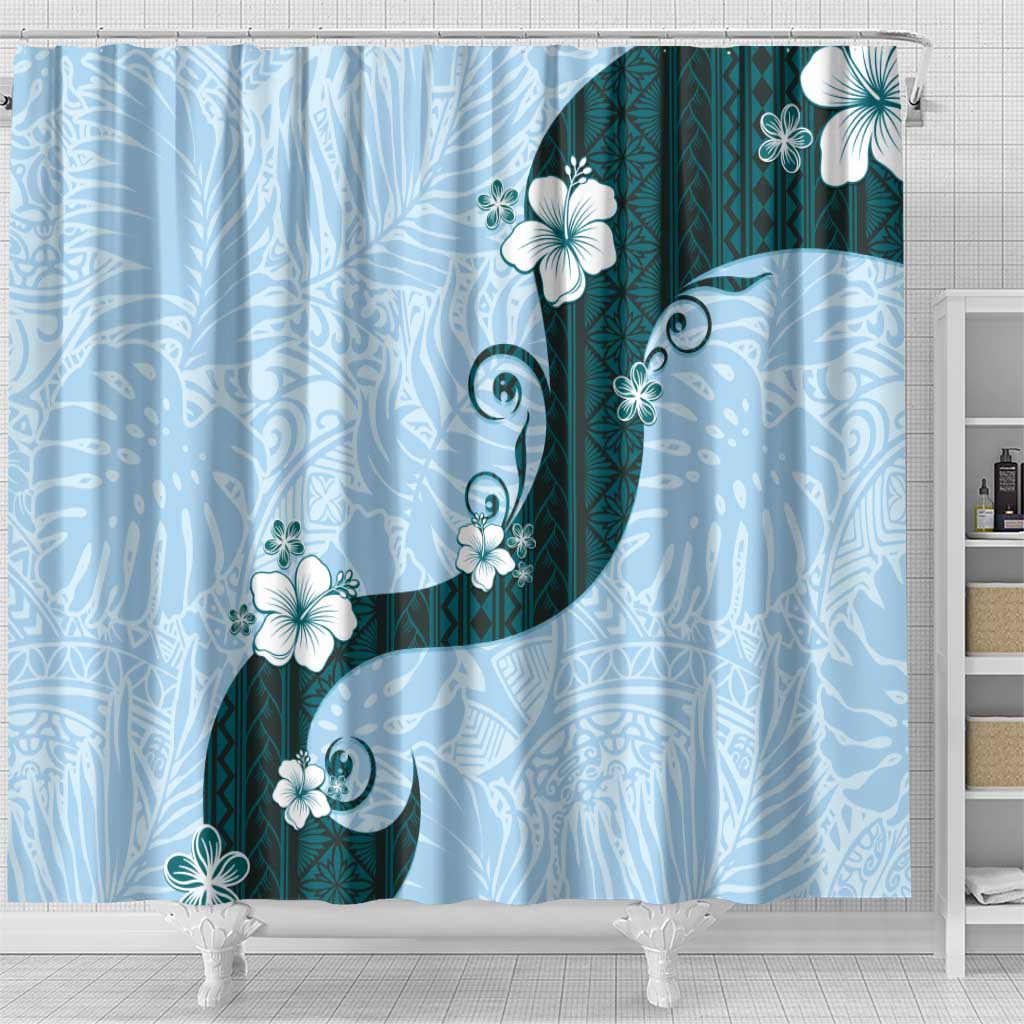 Polynesia Hibiscus Shower Curtain Sky Blue Curve Motif - Polynesian Pride