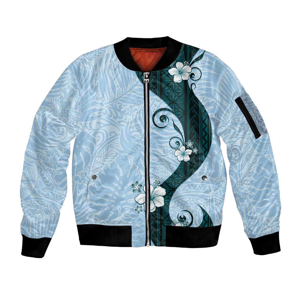 Polynesia Hibiscus Sleeve Zip Bomber Jacket Sky Blue Curve Motif - Polynesian Pride