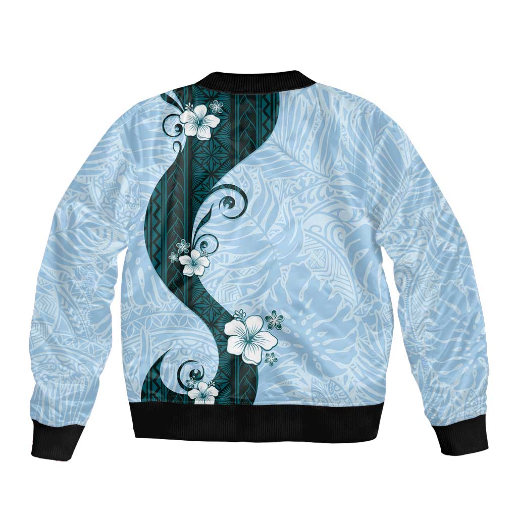 Polynesia Hibiscus Sleeve Zip Bomber Jacket Sky Blue Curve Motif - Polynesian Pride