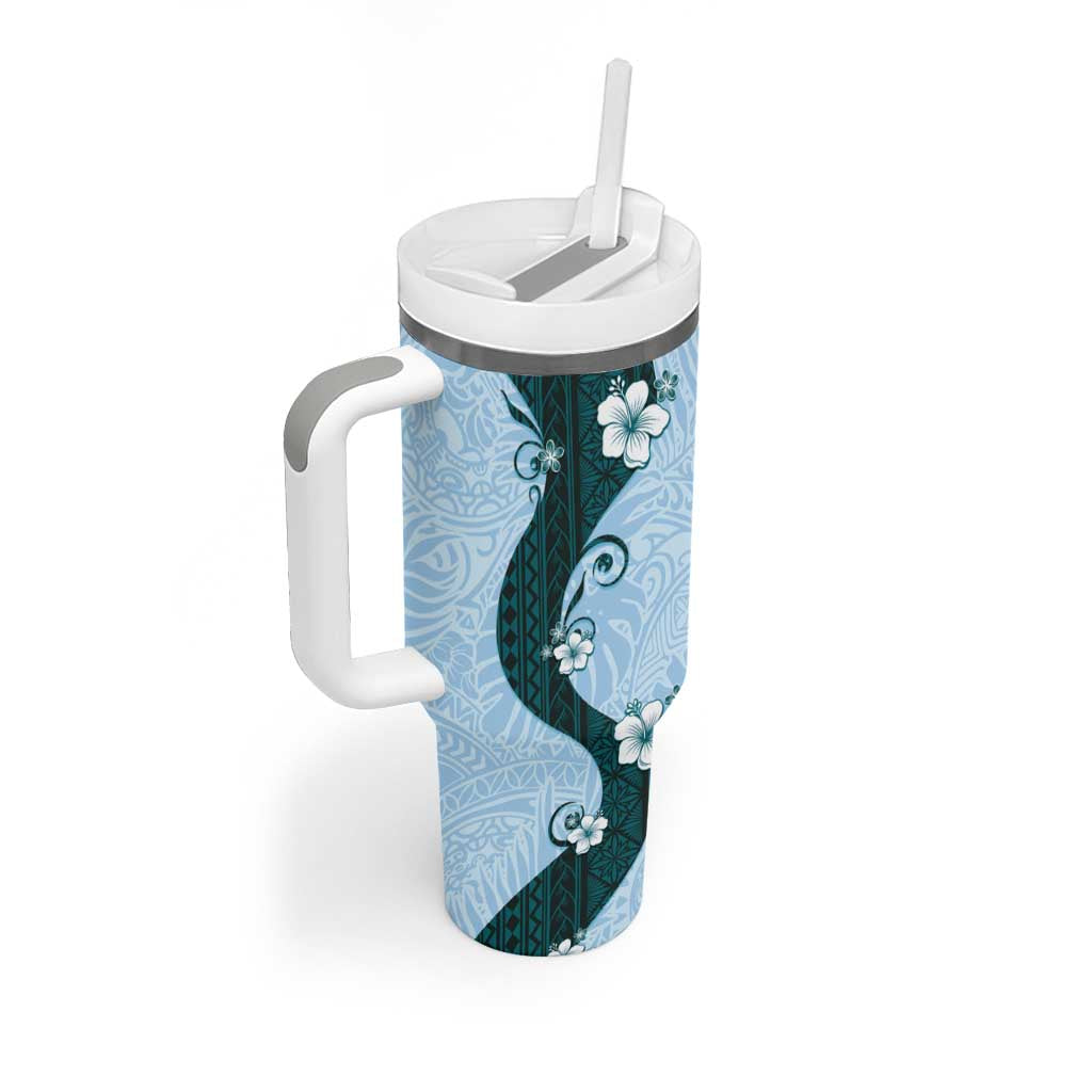 Polynesia Hibiscus Tumbler With Handle Sky Blue Curve Motif - Polynesian Pride