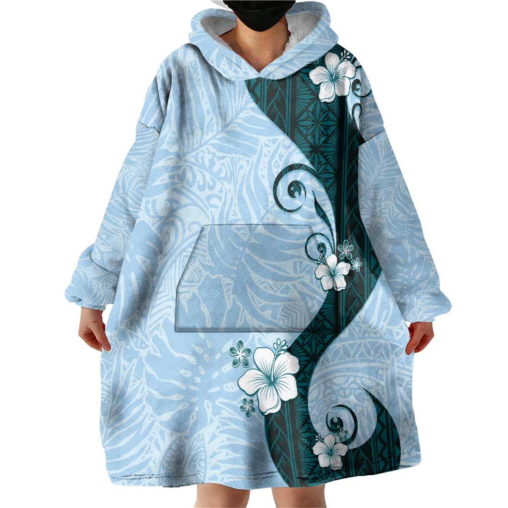 Polynesia Hibiscus Wearable Blanket Hoodie Sky Blue Curve Motif LT05 - Polynesian Pride