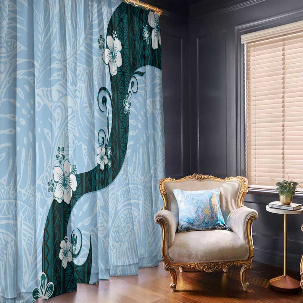 Polynesia Hibiscus Window Curtain Sky Blue Curve Motif - Polynesian Pride