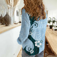 Polynesia Hibiscus Women Casual Shirt Sky Blue Curve Motif - Polynesian Pride