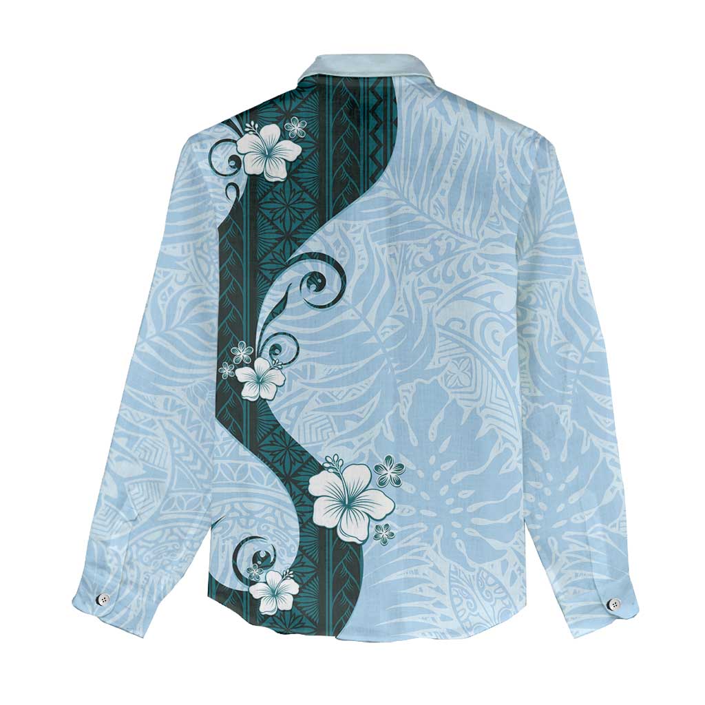 Polynesia Hibiscus Women Casual Shirt Sky Blue Curve Motif - Polynesian Pride