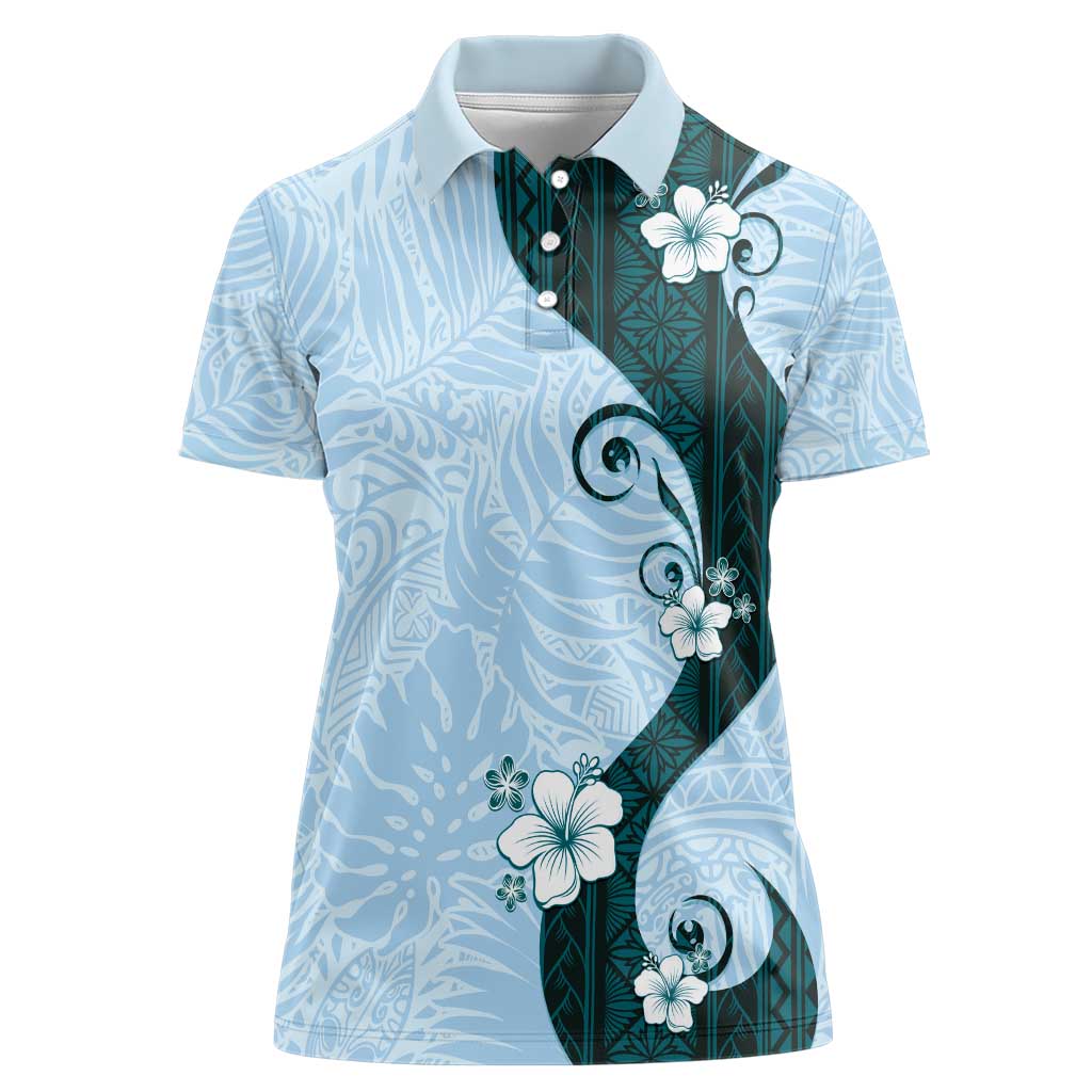 Polynesia Hibiscus Women Polo Shirt Sky Blue Curve Motif - Polynesian Pride