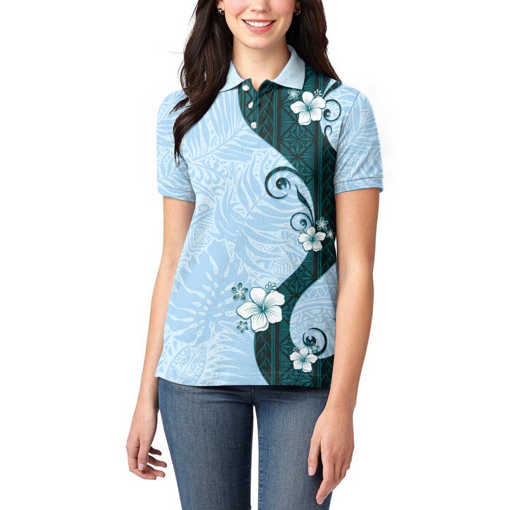 Polynesia Hibiscus Women Polo Shirt Sky Blue Curve Motif - Polynesian Pride
