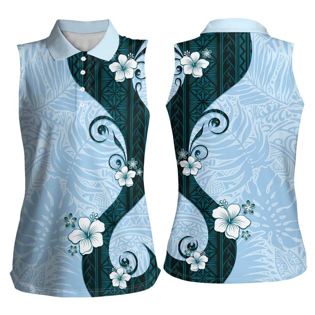Polynesia Hibiscus Women Sleeveless Polo Shirt Sky Blue Curve Motif LT05 - Polynesian Pride