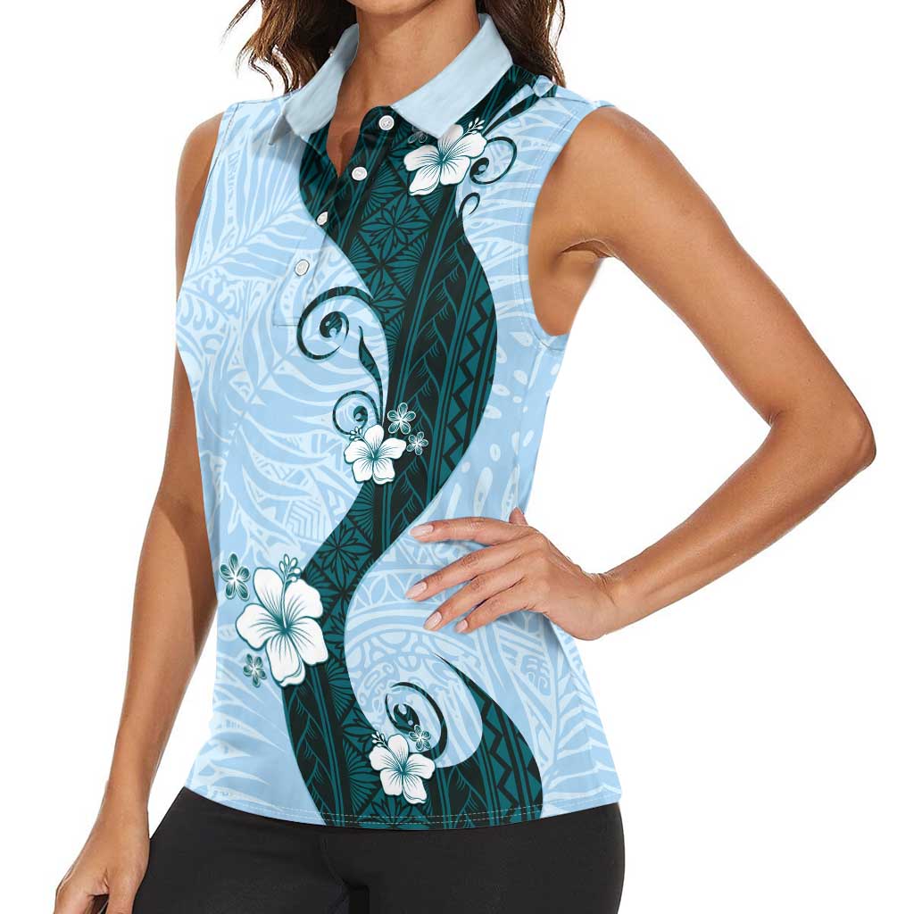 Polynesia Hibiscus Women Sleeveless Polo Shirt Sky Blue Curve Motif LT05 - Polynesian Pride