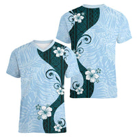Polynesia Hibiscus Women V-Neck T-Shirt Sky Blue Curve Motif - Polynesian Pride