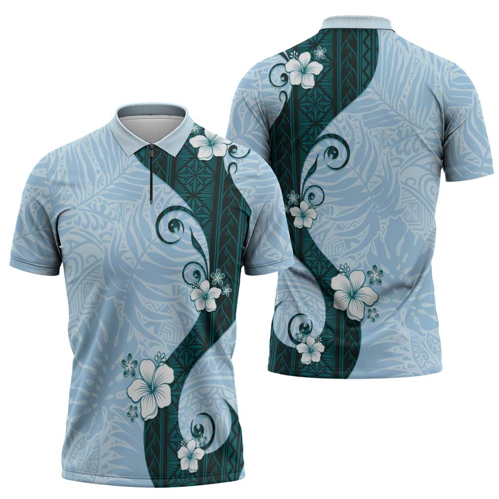 Polynesia Hibiscus Zipper Polo Shirt Sky Blue Curve Motif LT05 - Polynesian Pride