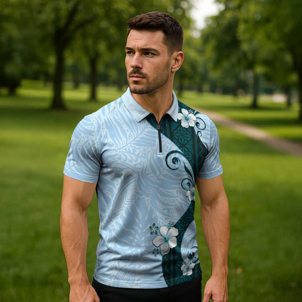 Polynesia Hibiscus Zipper Polo Shirt Sky Blue Curve Motif LT05 - Polynesian Pride
