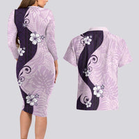 Polynesia Hibiscus Couples Matching Long Sleeve Bodycon Dress and Hawaiian Shirt Thistle Curve Motif - Polynesian Pride