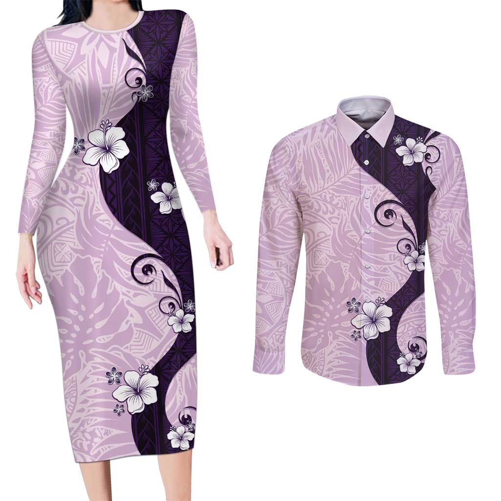Polynesia Hibiscus Couples Matching Long Sleeve Bodycon Dress and Long Sleeve Button Shirt Thistle Curve Motif LT05 Purple - Polynesian Pride